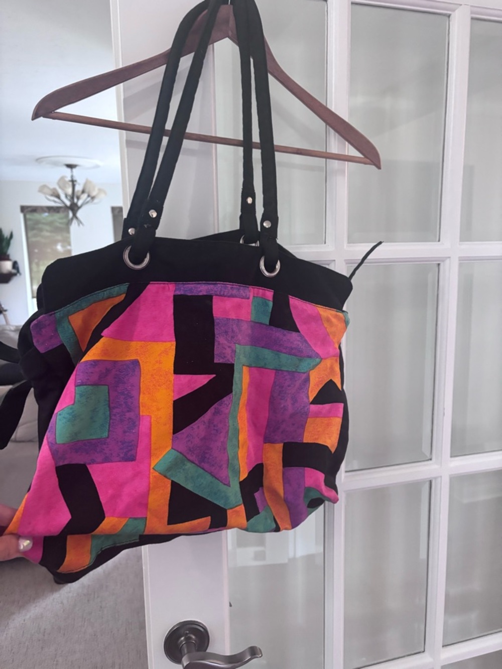 Colorful Geometric Print Tote Bag - Black with Pink, Orange & Teal Accents